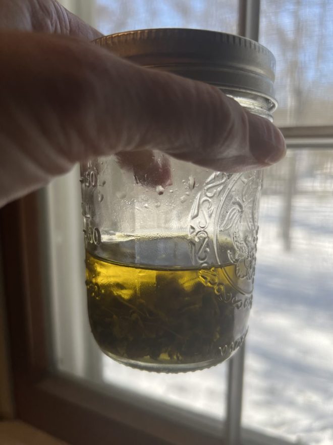 Jar of violet oil in front of window